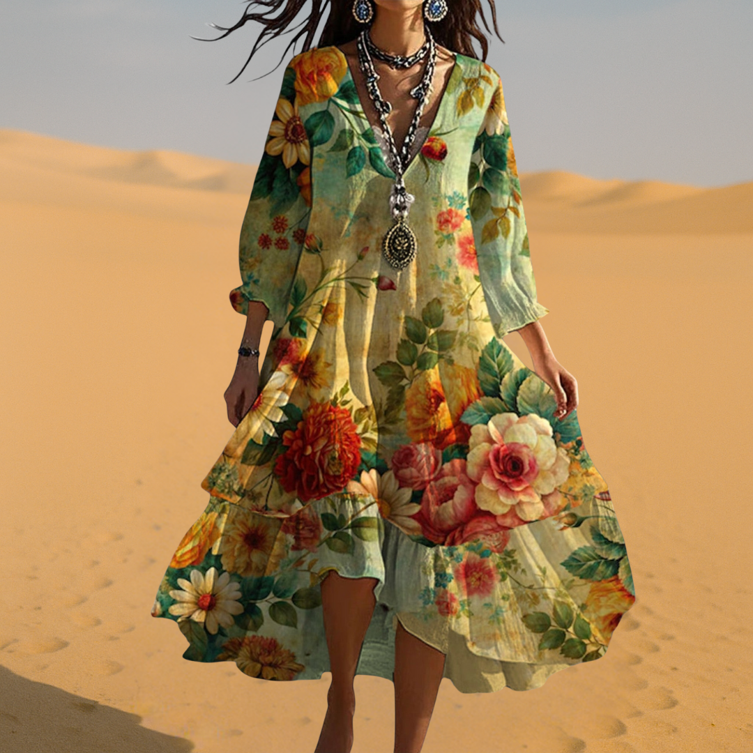 Elvara | Damen Boho Sommerkleid mit V Ausschnitt und lockerem Schnitt