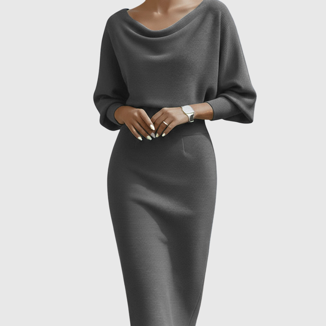 Sophie | Damen elegantes Midikleid mit Drapierung und Strick