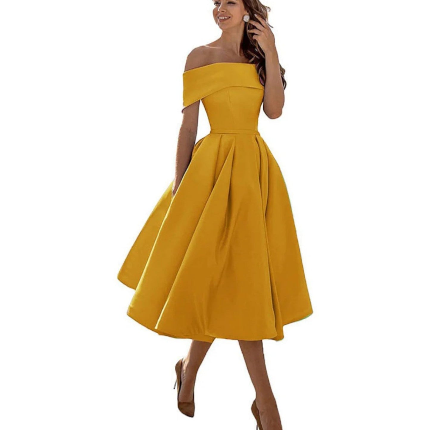 Daniela | Damen Midikleid mit schulterfreiem Ausschnitt und weitem Rock