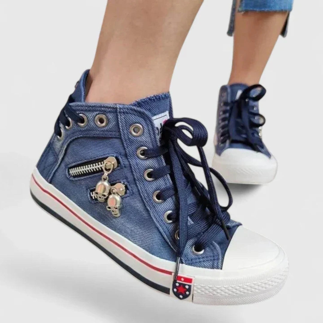 Emilia | Damen Denim Sneakers mit Schnürung und Reißverschluss