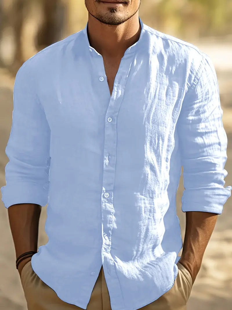 Leon | Camicia da uomo in lino con colletto alla coreana e abbottonatura