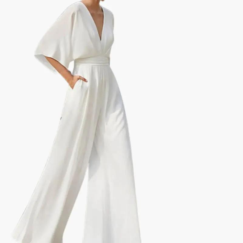 Birgit | Damen Hochzeits Jumpsuit mit V Ausschnitt und halben Ärmeln