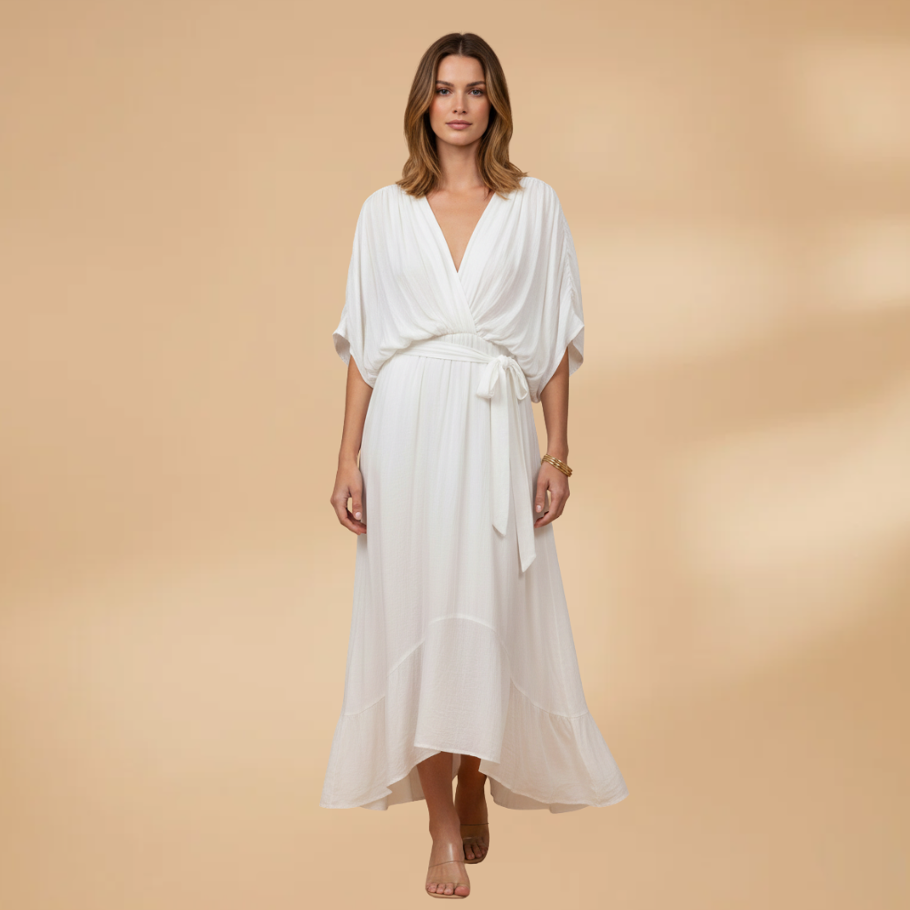 Vivien | Damen Chiffon Midikleid mit V Ausschnitt und Bindegürtel