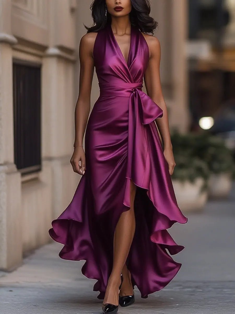 Elfriede | Damen Maxikleid mit Neckholder und Wickeloptik