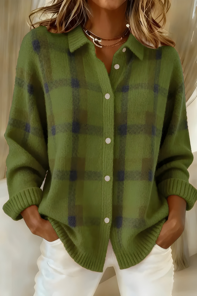 Barbara | Damen karierte Strickjacke mit Knopfleiste