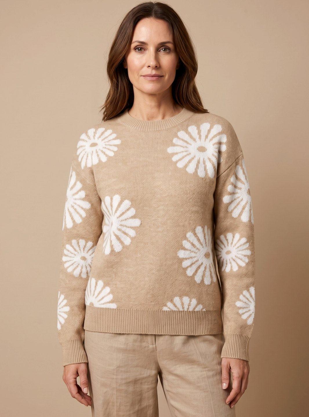Ronja | Damen Strickpullover mit Blumenmuster und Rundhals
