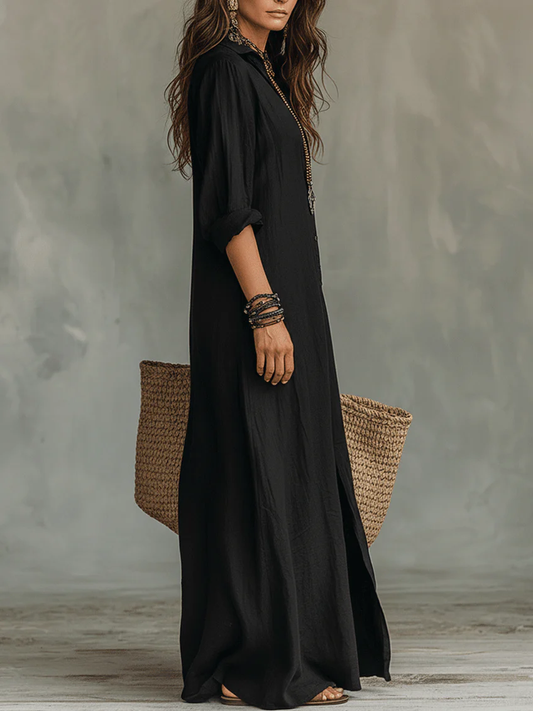 Klara | Women's Maxi Dress with Button Placket and Long Sleeves