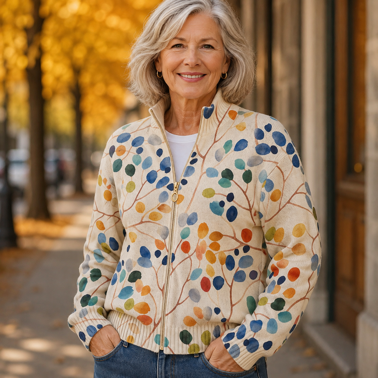 Franziska | Damen Strickjacke mit Reißverschluss und Pflanzenmuster