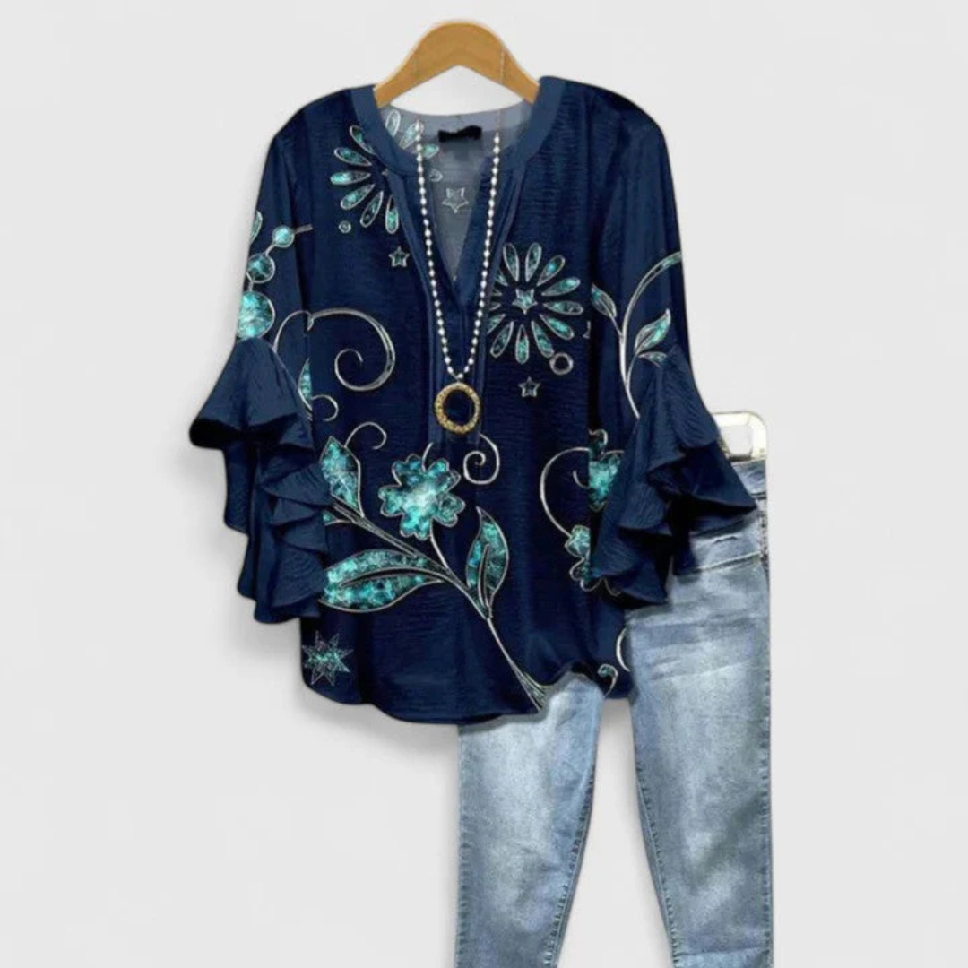 Nadine | Women's top with floral pattern and ruffled sleeves