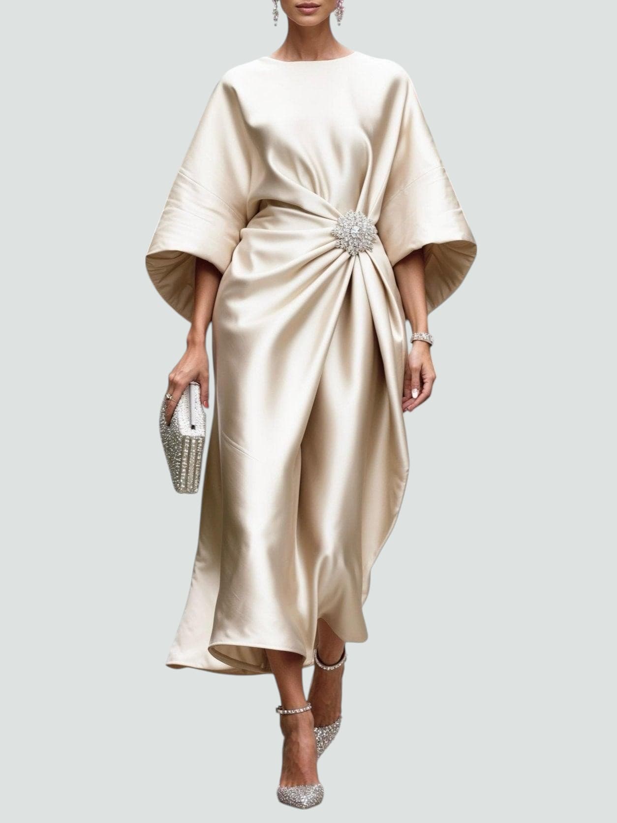 Josepha | Damen Midikleid aus Satin mit Taillenakzent | Lockere Passform