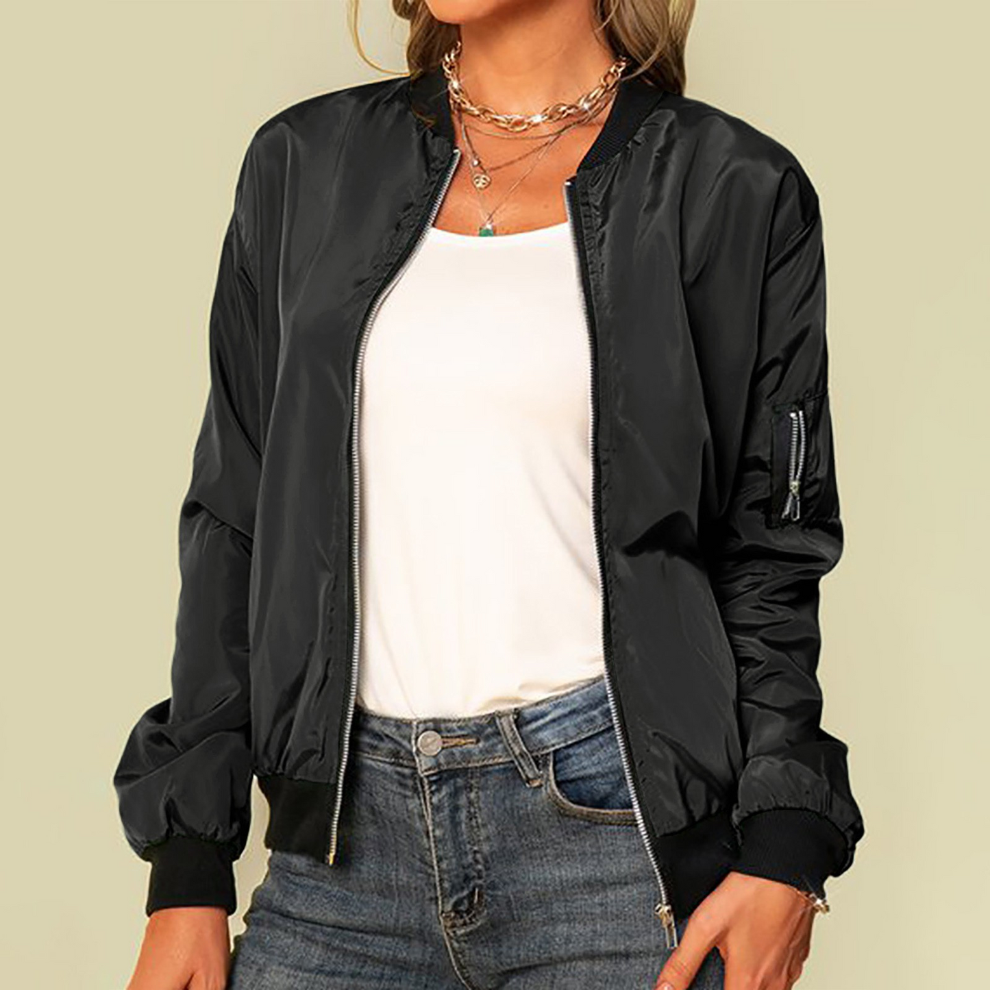 Claudia | Damen klassische lässige Bomberjacke mit Reißverschluss