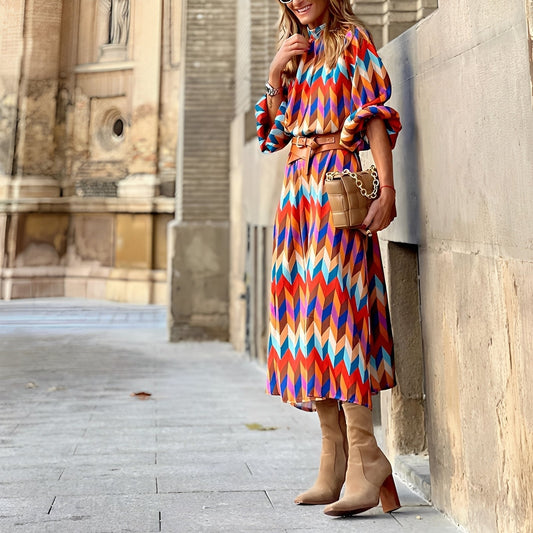Greta | Women's midi dress with colorful pattern and belt