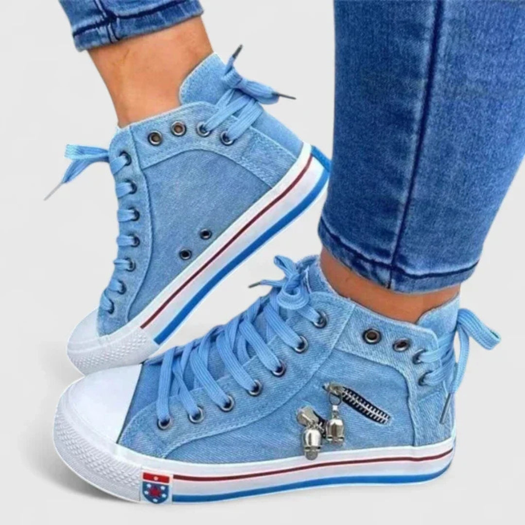 Emilia | Damen Denim Sneakers mit Schnürung und Reißverschluss