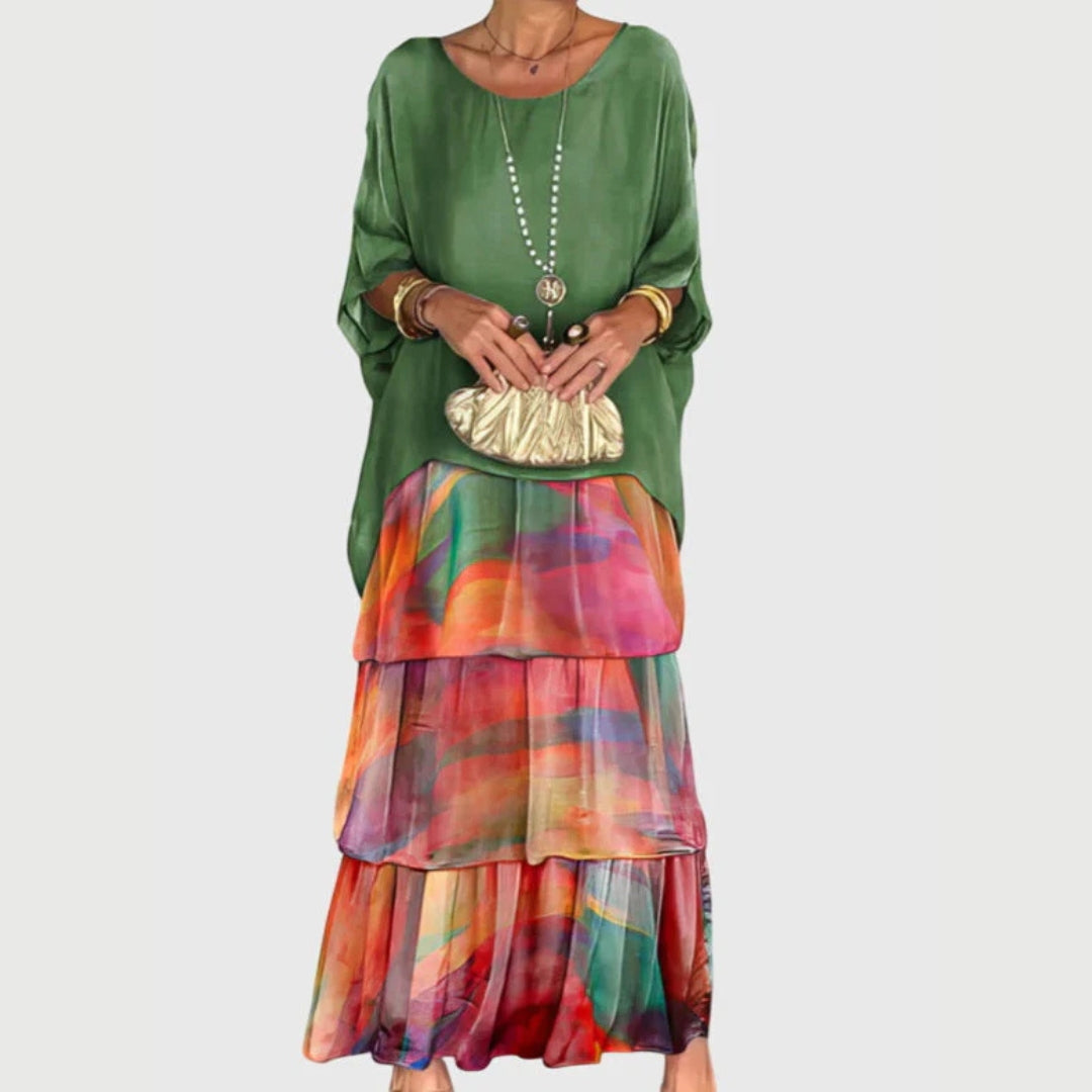 Paula | Damen Boho Maxikleid mit geschichtetem Rock und Print