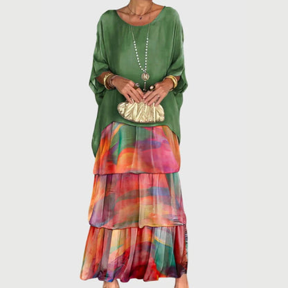 Paula | Damen Boho Maxikleid mit geschichtetem Rock und Print