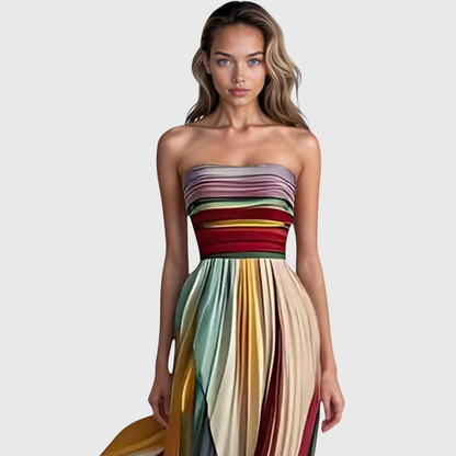 Sarah | Damen Maxikleid mit trägerlosem Schnitt und Streifen