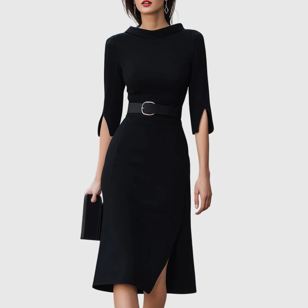 Luisa | Damen elegantes Midikleid mit Gürtel und Schlitz