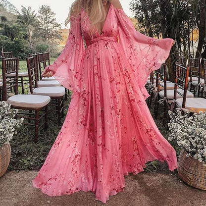 Eirene | Klassisches Damen Maxikleid mit V-Ausschnitt und Gürtel