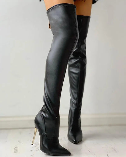 Heidi | Damen Overknee-Stiefel mit goldenem Absatz und Reißverschluss-Detail