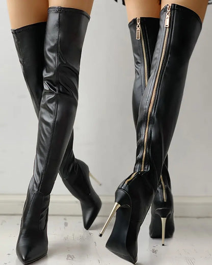 Heidi | Damen Overknee-Stiefel mit goldenem Absatz und Reißverschluss-Detail