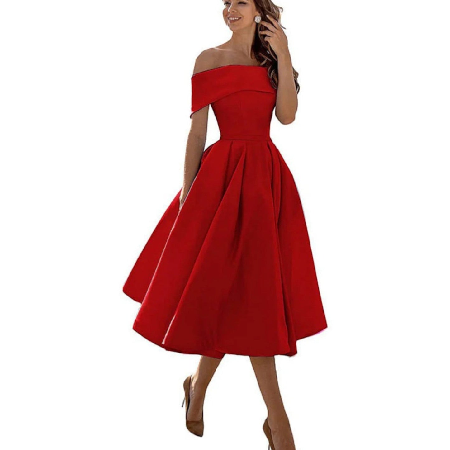 Daniela | Damen Midikleid mit schulterfreiem Ausschnitt und weitem Rock