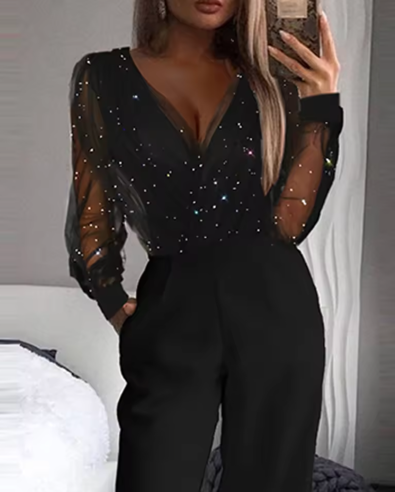 Chantal | Eleganter Mesh-Overall mit Glitzer-Details