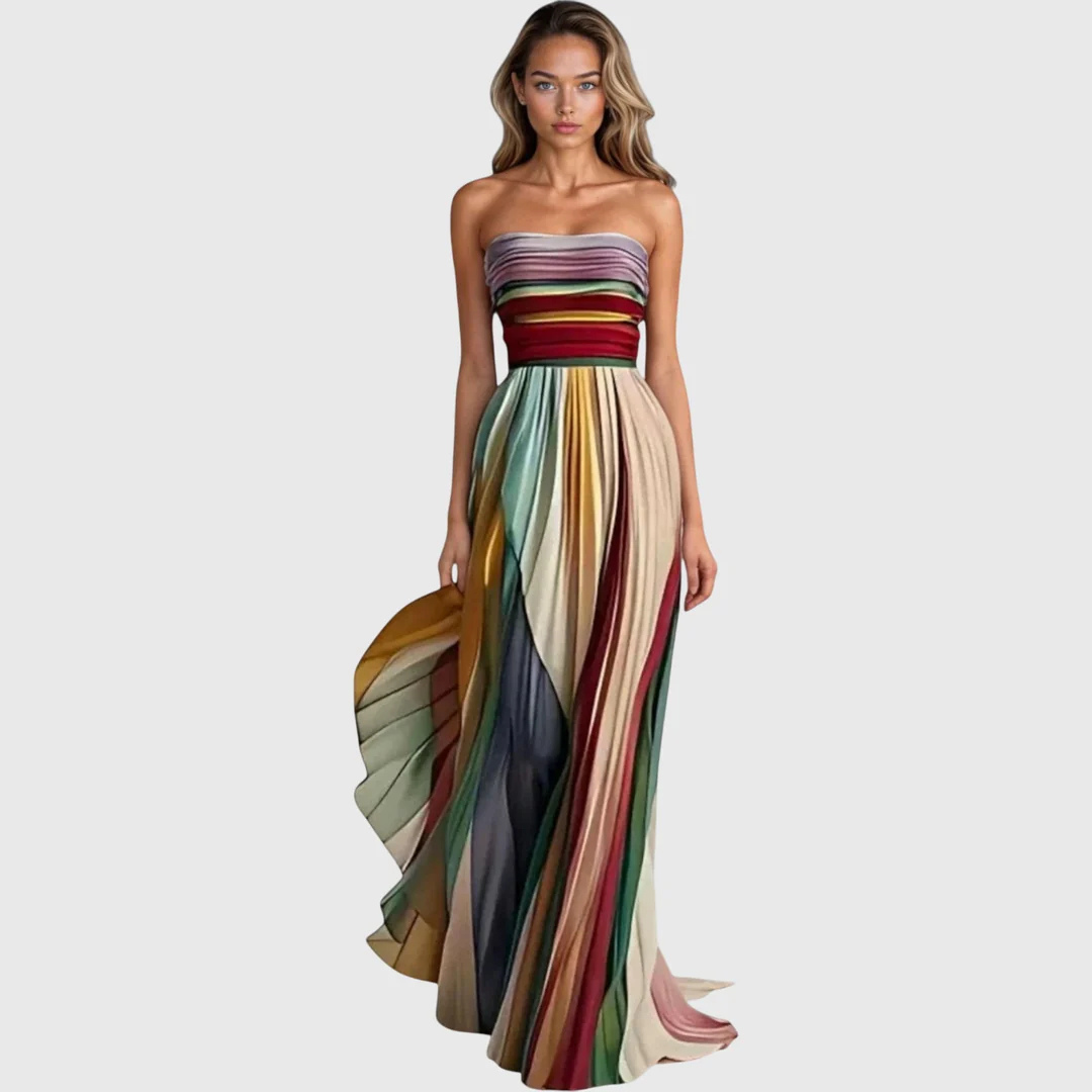 Sarah | Damen Maxikleid mit trägerlosem Schnitt und Streifen