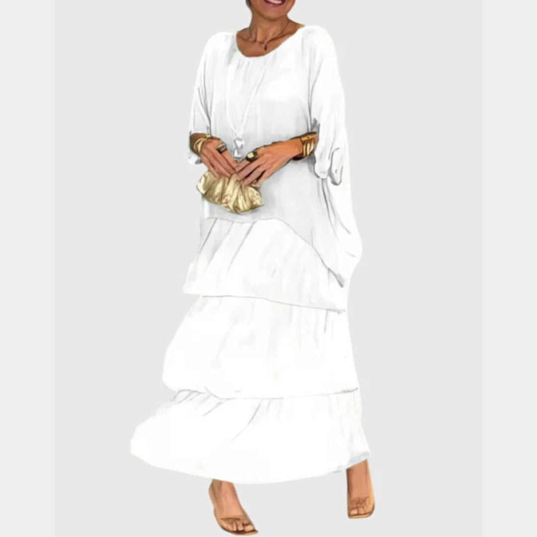 Paula | Damen Boho Maxikleid mit geschichtetem Rock und Print