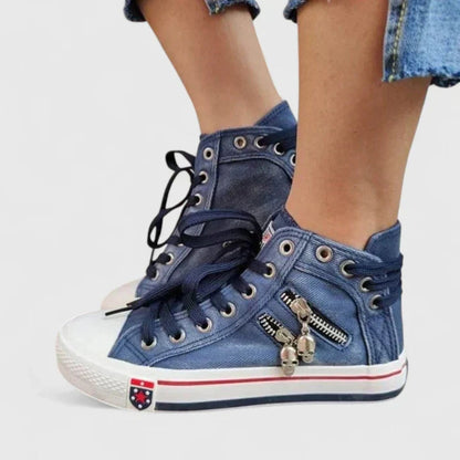 Emilia | Damen Denim Sneakers mit Schnürung und Reißverschluss