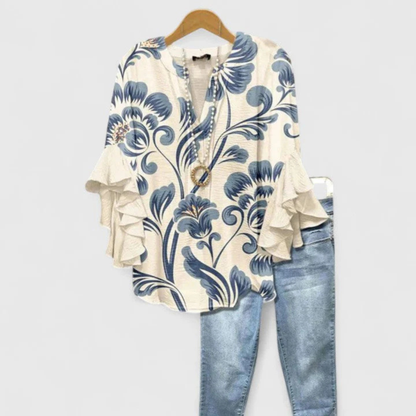 Nadine | Women's top with floral pattern and ruffled sleeves
