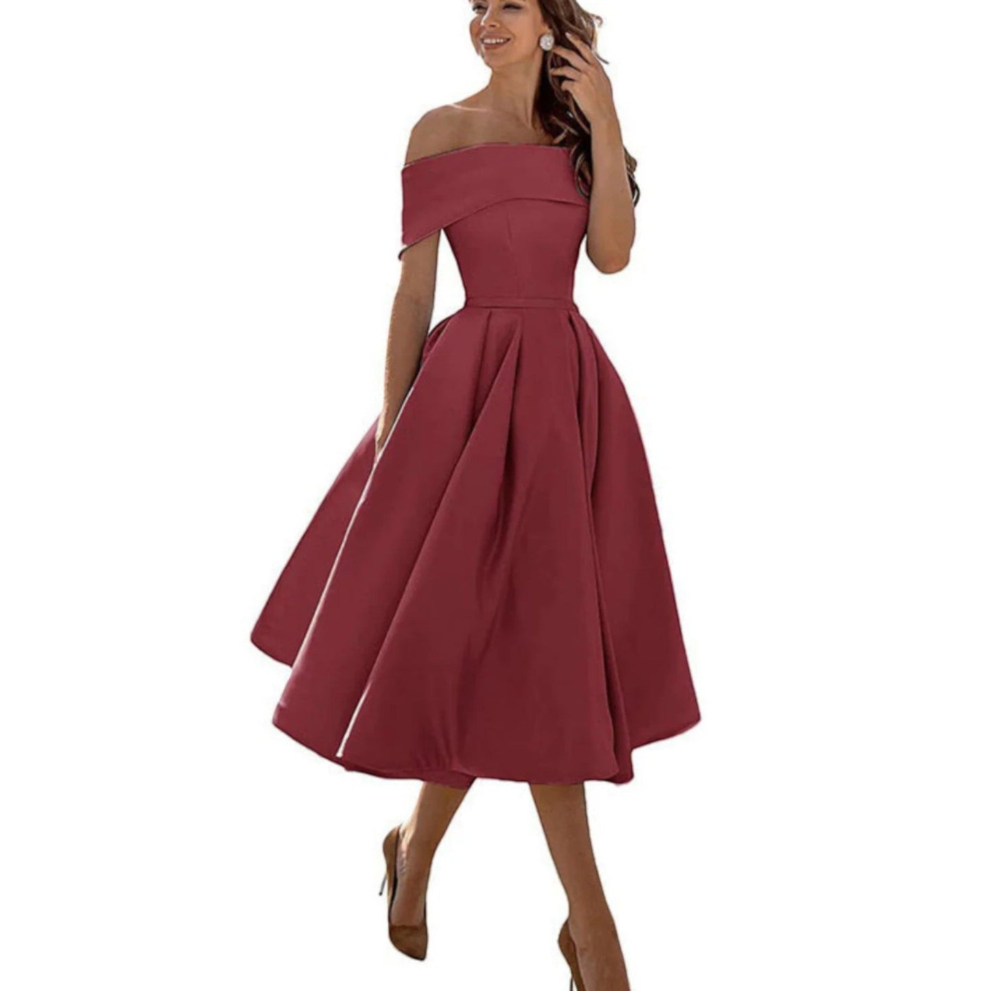 Daniela | Damen Midikleid mit schulterfreiem Ausschnitt und weitem Rock
