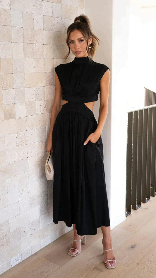 Mirae | Damen hochgeschlossenes Midikleid mit Taillenausschnitten