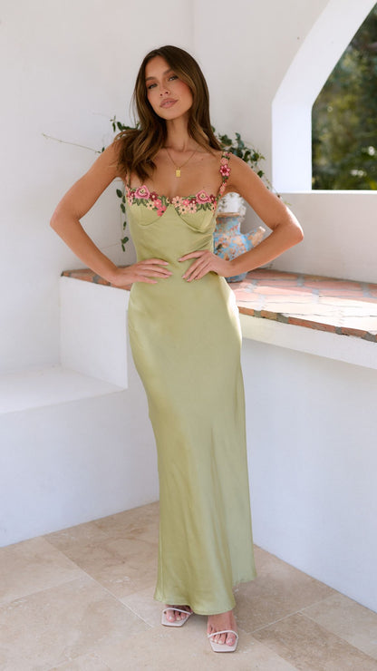 Mia | Damen Maxikleid mit Trägern und Blumenapplikation