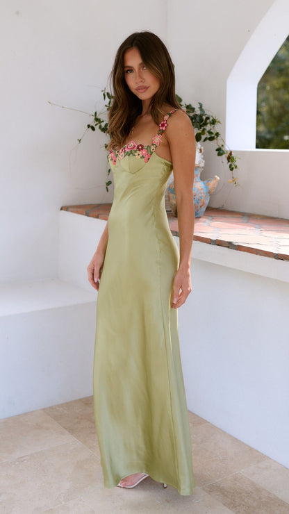 Mia | Damen Maxikleid mit Trägern und Blumenapplikation