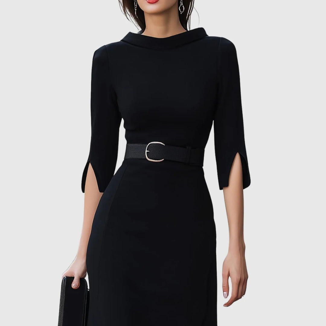 Luisa | Damen elegantes Midikleid mit Gürtel und Schlitz