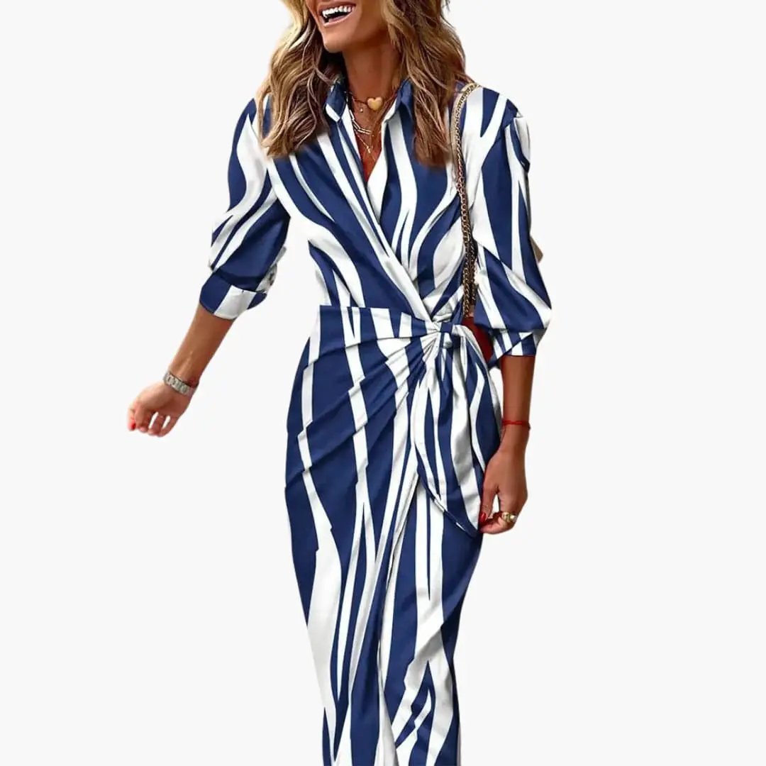 Bärbel | Damen Maxikleid aus Baumwolle mit Streifen und Wickeloptik