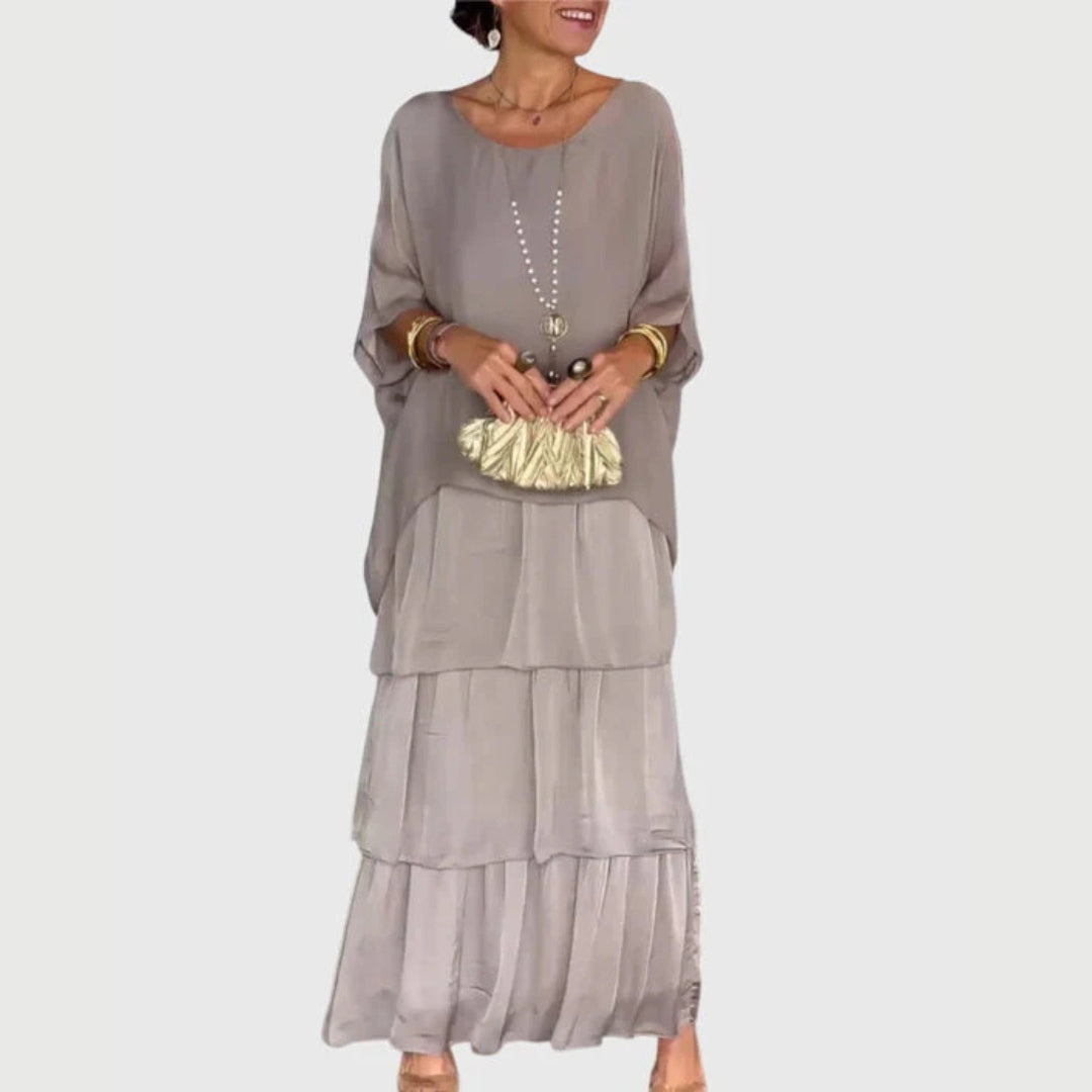 Paula | Damen Boho Maxikleid mit geschichtetem Rock und Print