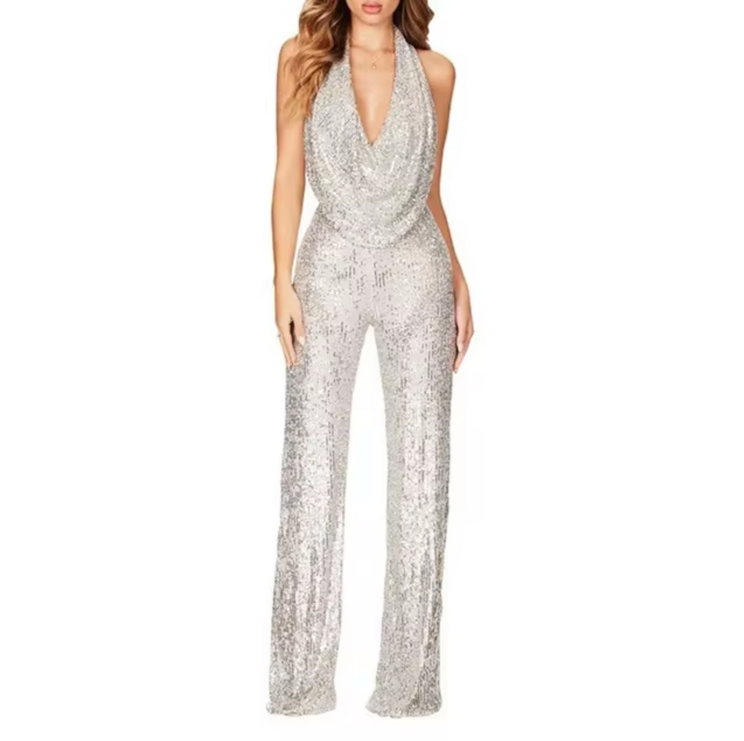 Hanna | Modern women's sequin jumpsuit with halter neck