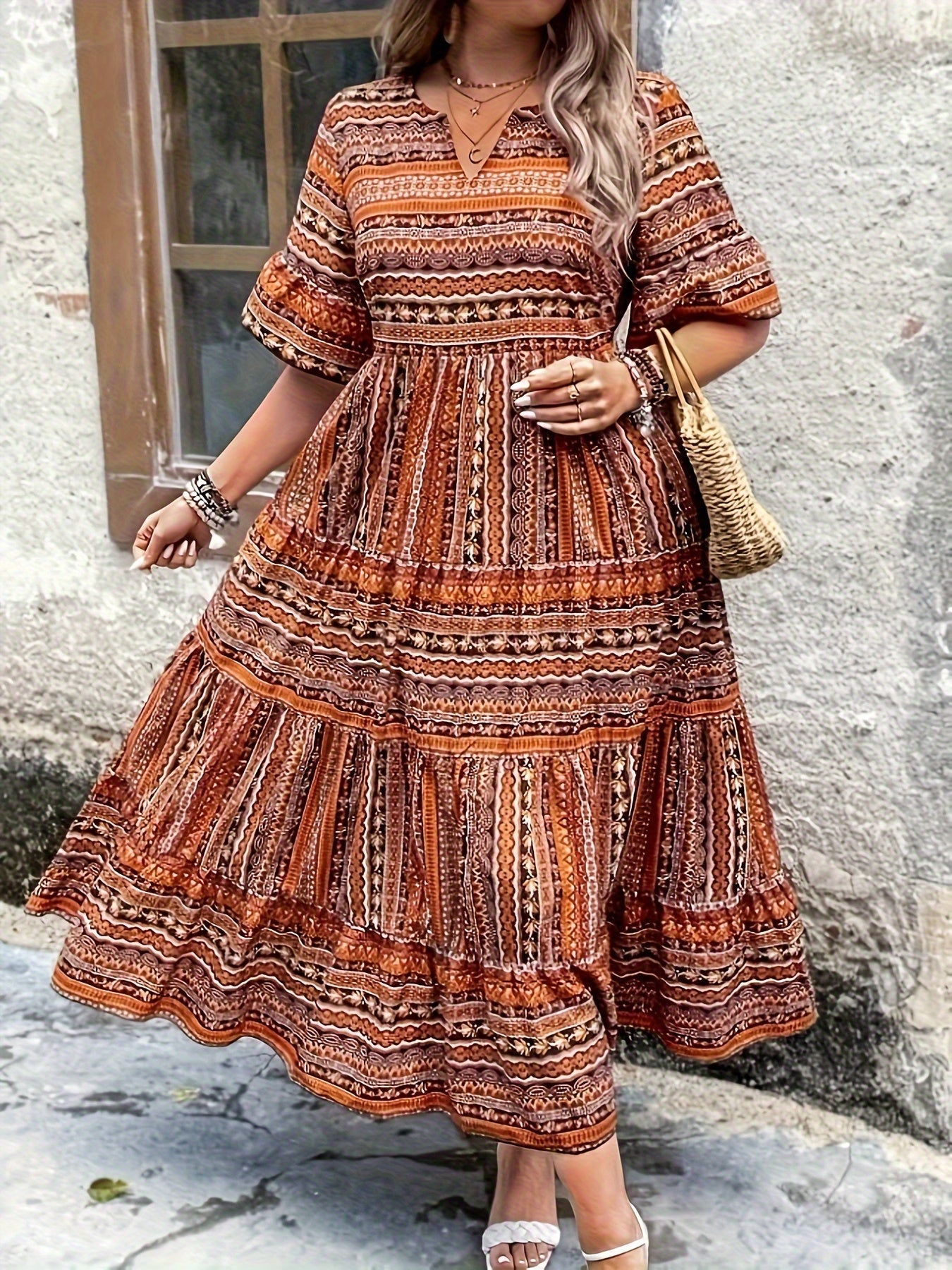 Marlena | Damen Boho Midikleid mit Printmuster
