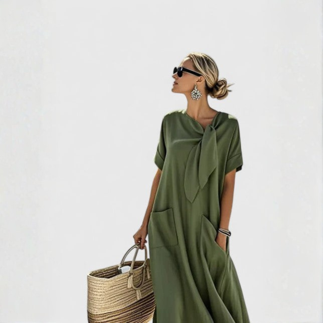 Katharina | Damen Midikleid mit Bindekragen und Taschen