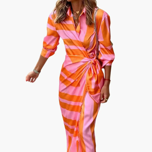 Bärbel | Damen Maxikleid aus Baumwolle mit Streifen und Wickeloptik
