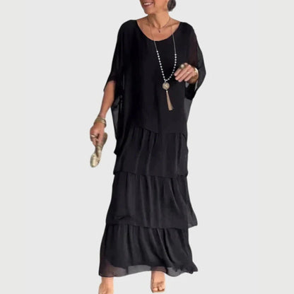 Paula | Damen Boho Maxikleid mit geschichtetem Rock und Print