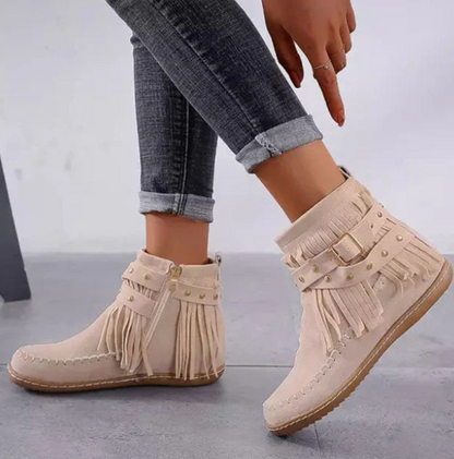 Ursula | Damen Wildleder-Fransenstiefel mit Riemen und Nieten