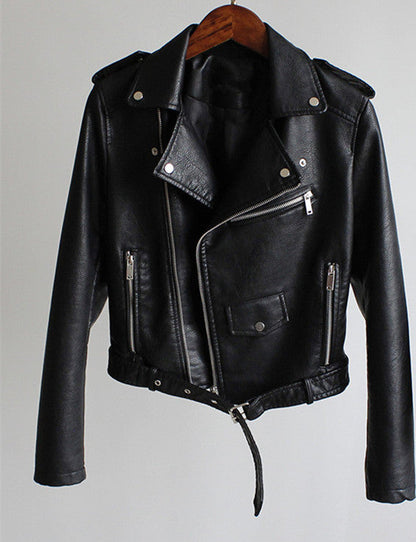 Erika | Damen Bikerjacke aus Kunstleder mit Reißverschlüssen und Gürtel