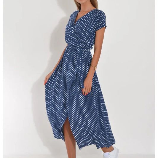 Greta | Elegantes Midikleid mit Punkten und Wickeloptik