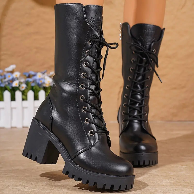 Ida | Damen schwarze Combat-Stiefel mit veters und chunky Absatz