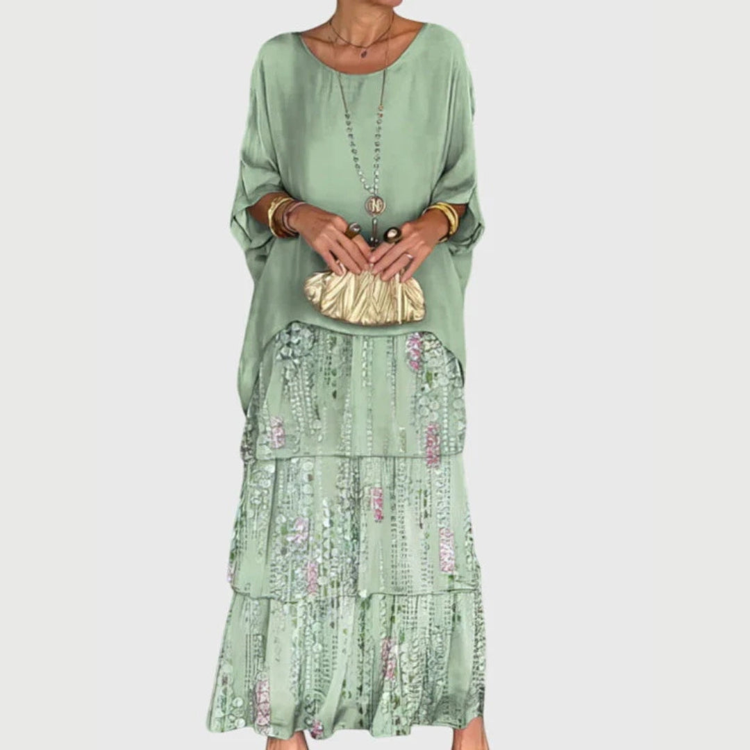 Paula | Damen Boho Maxikleid mit geschichtetem Rock und Print