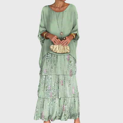 Paula | Damen Boho Maxikleid mit geschichtetem Rock und Print