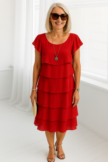 Klara | Damen Midikleid mit kurzen Ärmeln und gestuftem Design