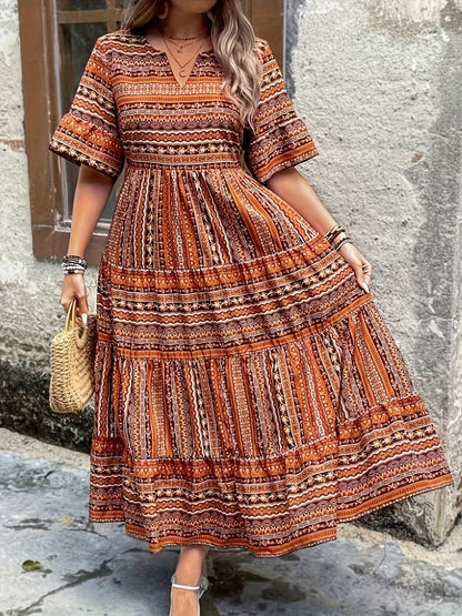 Marlena | Damen Boho Midikleid mit Printmuster